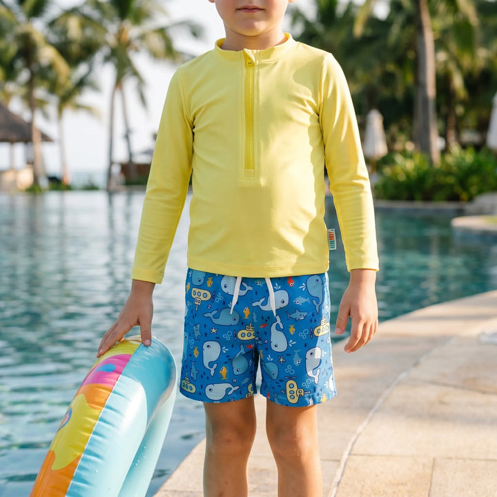 Boys' long-sleeve rash guard & swim trunks set. UPF 50+ protection for toddler summer beachwear, marine print.