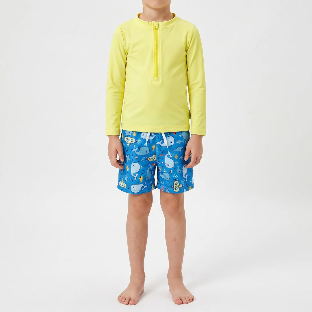 Toddler boys' long-sleeve rash guard with UPF 50+ protection. Quick-dry marine print top for summer pool days.