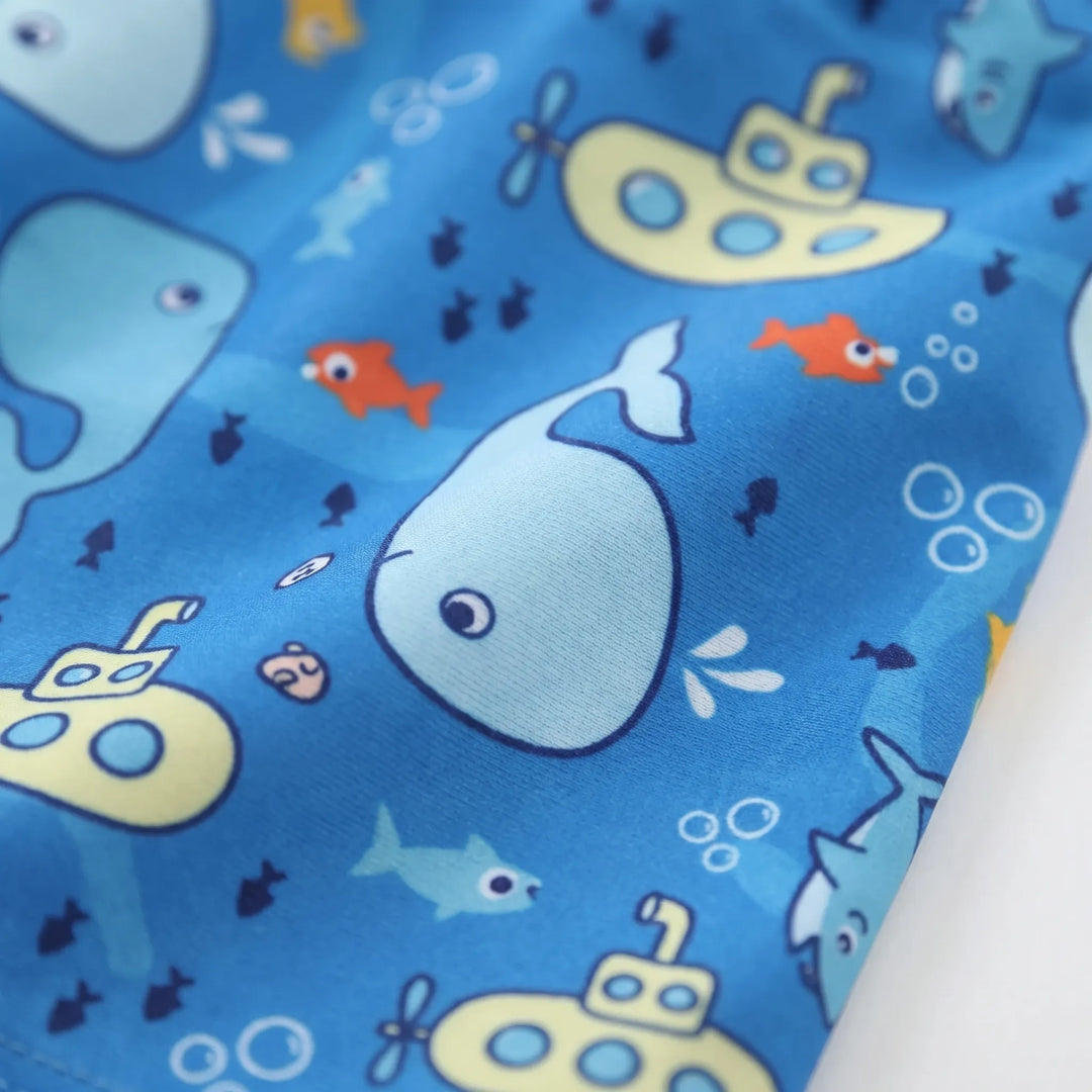 Kids' quick-dry swim trunks with drawstring, marine print. Comfy shorts for boys' summer beach & pool adventures.