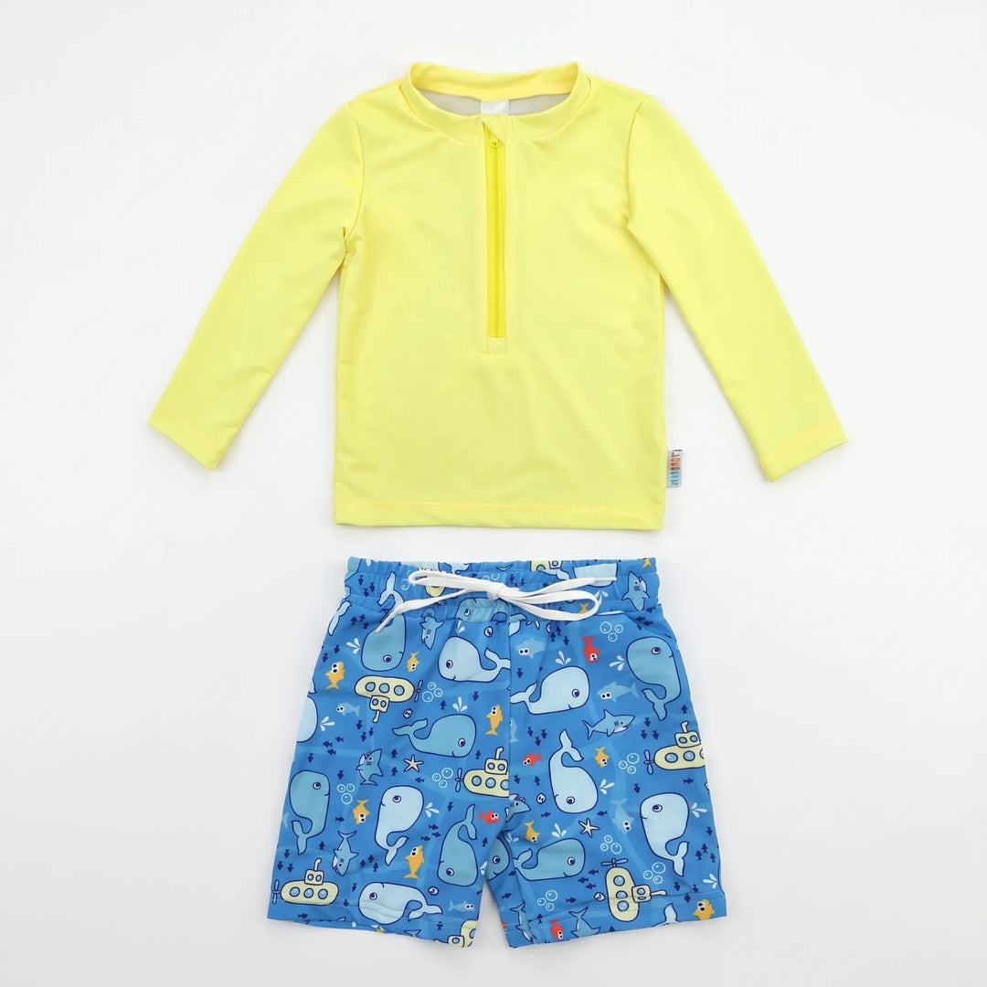 Boys' marine print long-sleeve swim set with rash guard & drawstring trunks. Comfortable UPF 50+ toddler swimwear.