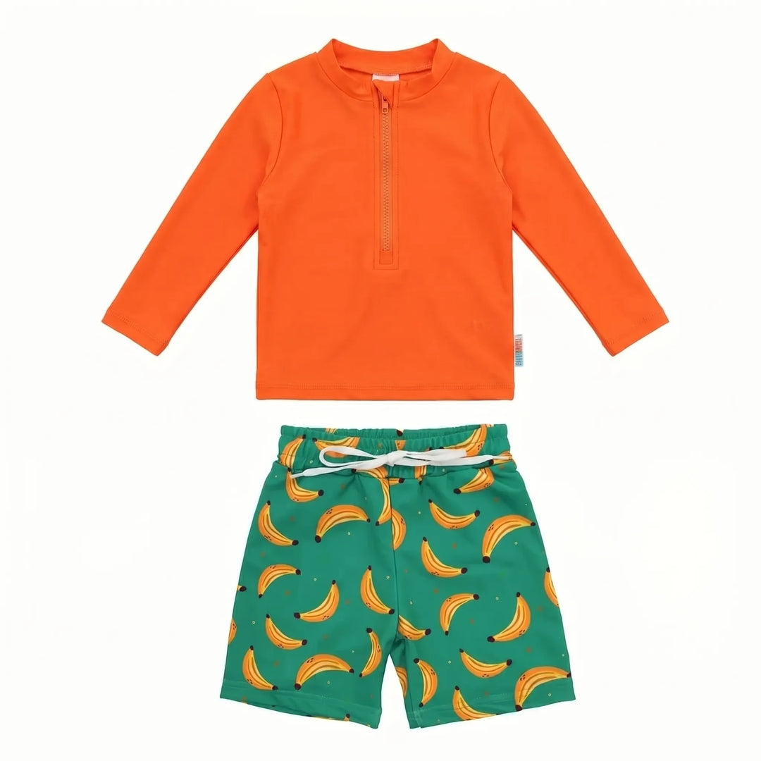 UPF 50+ boys' long-sleeve rash guard & quick-dry swim trunks. Essential marine print toddler swimwear for sun protection.