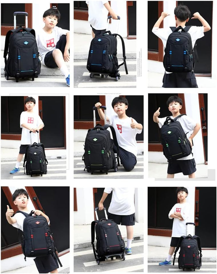 Boys' multi-pocket rolling school bag. Convertible trolley backpack, durable for school & travel, easy to carry luggage.