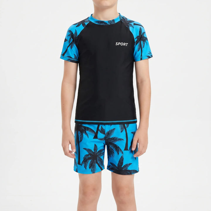 Youth boys' rash guard swim shirt for sun protection & long sleeve top, paired with quick-dry swim shorts.