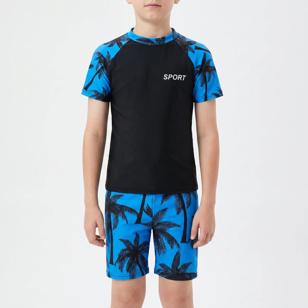 Boys' two-piece swimwear set with UV protection rash guard and flexible swim shorts for youth water sports.