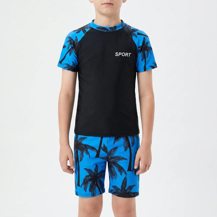 Boys' two-piece swimwear set with UV protection rash guard and flexible swim shorts for youth water sports.