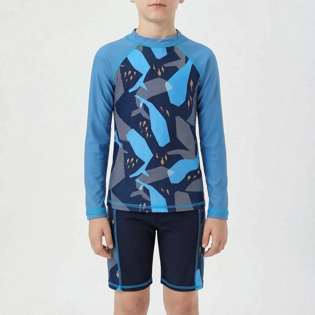 Vibrant boys' swim outfit with a protective rash guard and stylish swim shorts, perfect for sunny beach days.
