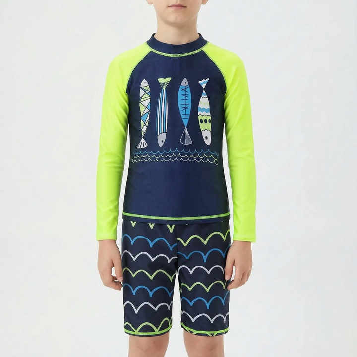 Young boys' sun protection swimwear set, including a long-sleeve rash guard & quick-dry shorts for pool play.
