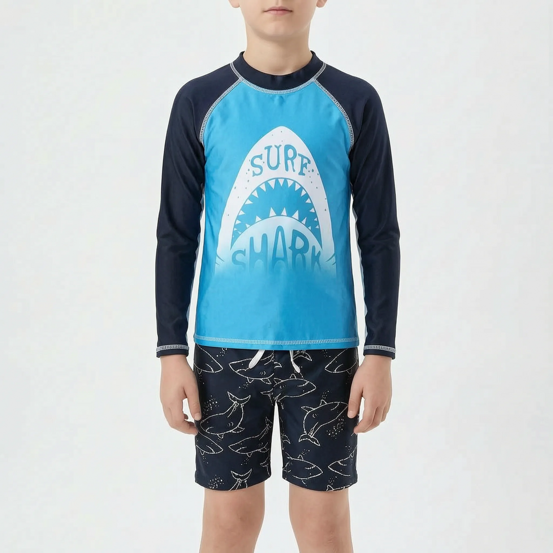 Durable kids' swim set: active boys' rash guard shirt and patterned swim shorts, ideal for summer water adventures.