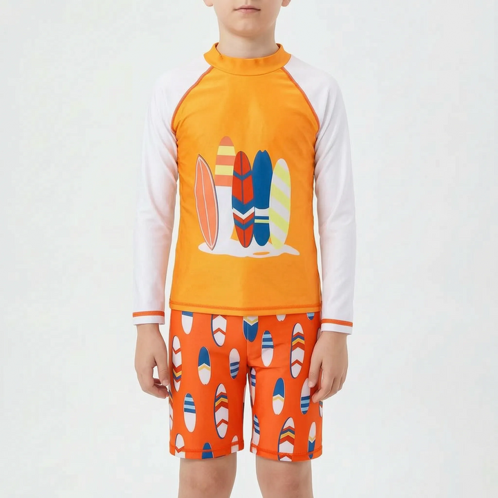 Lightweight boys' rash guard & swim shorts set, offering sun protection for active youth during beach or pool time.