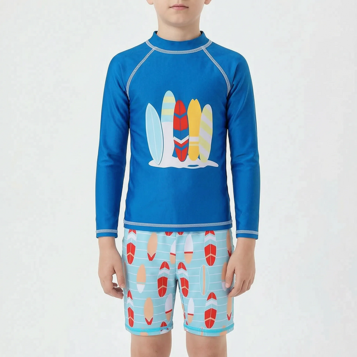 Complete boys' summer swimwear outfit: rash guard and swim shorts for comfortable, protected water play.
