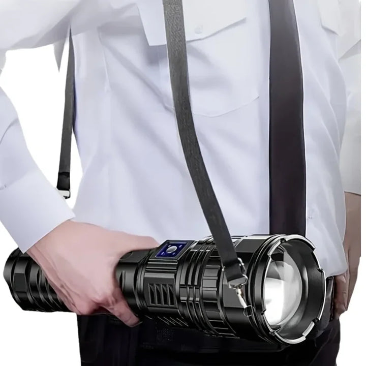 Bright 10000 Lumen rechargeable LED flashlight, perfect for camping, hiking, and emergencies. Durable outdoor gear.