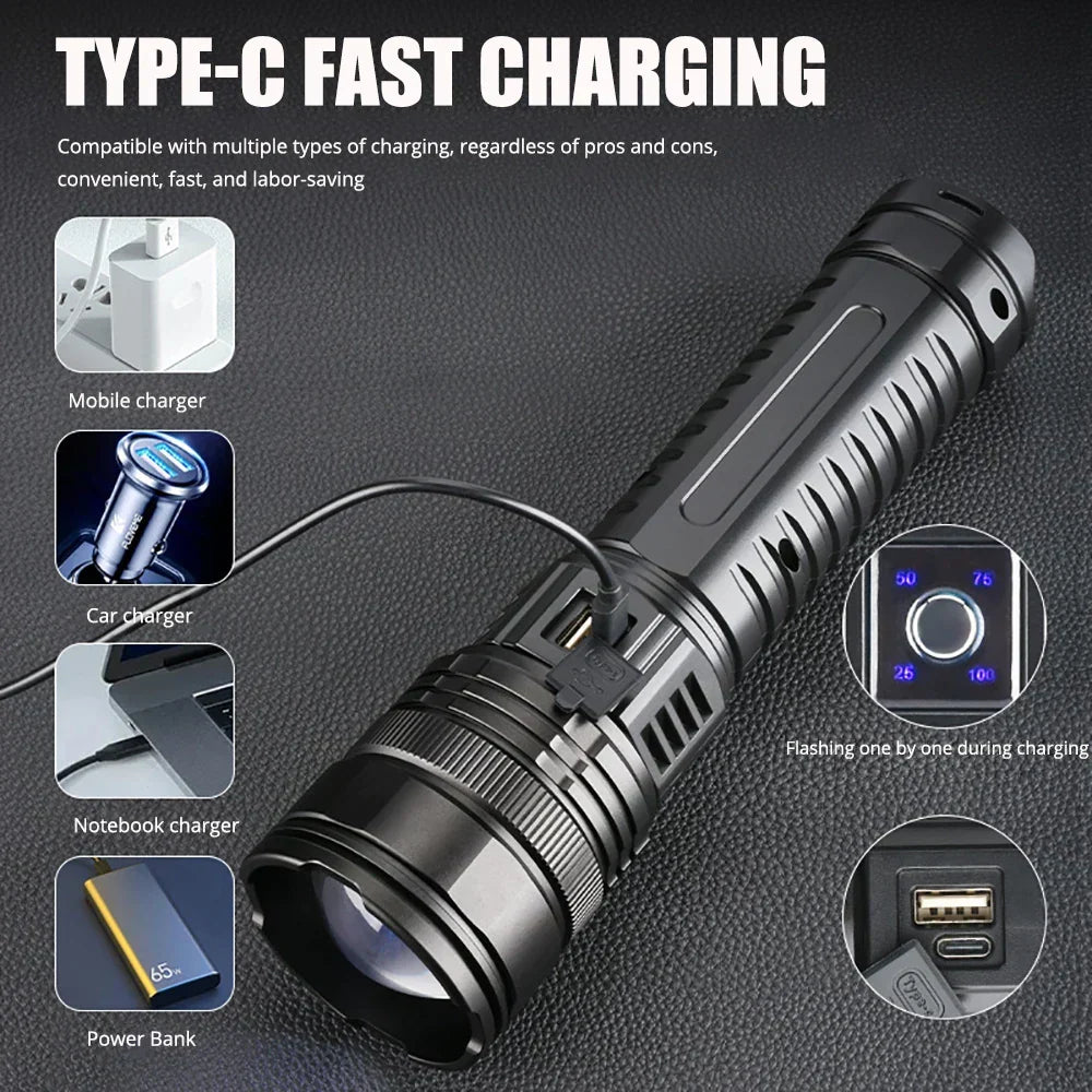 Unisex 10000 Lumen rechargeable LED torch with USB port. Essential survival tool & power bank for outdoor adventures.