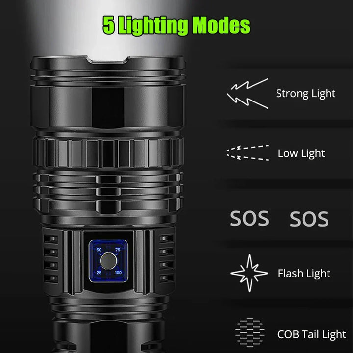 Compact 10000 Lumen rechargeable LED flashlight. A vital survival tool and emergency torch for power outages.
