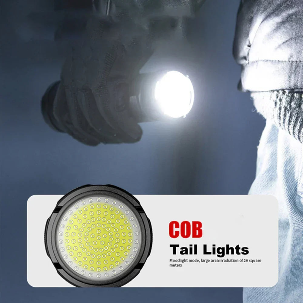 Waterproof 10000 Lumen rechargeable LED flashlight, durable outdoor gear for hiking & extreme conditions.