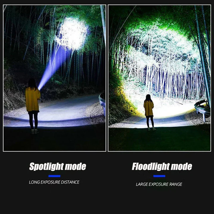 Ultra-bright 10000 Lumen LED flashlight beam, illuminating dark trails. Rechargeable torch for camping & hiking.