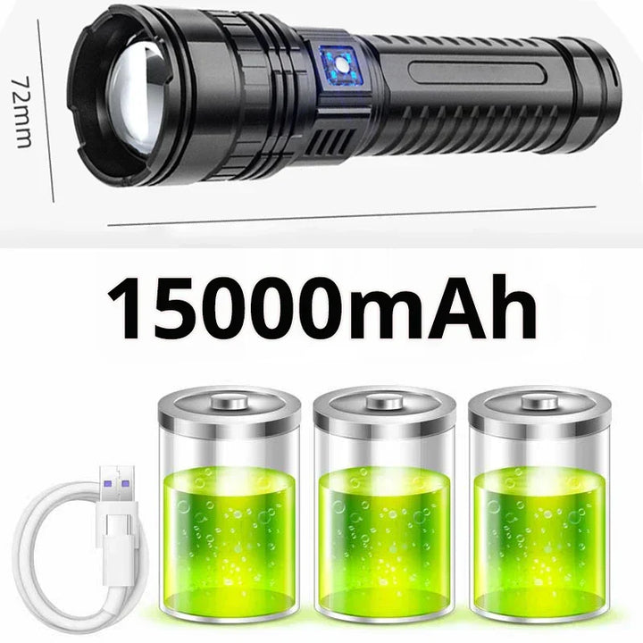 Versatile 10000 Lumen rechargeable LED flashlight. Doubles as a power bank, essential for emergency and outdoor use.