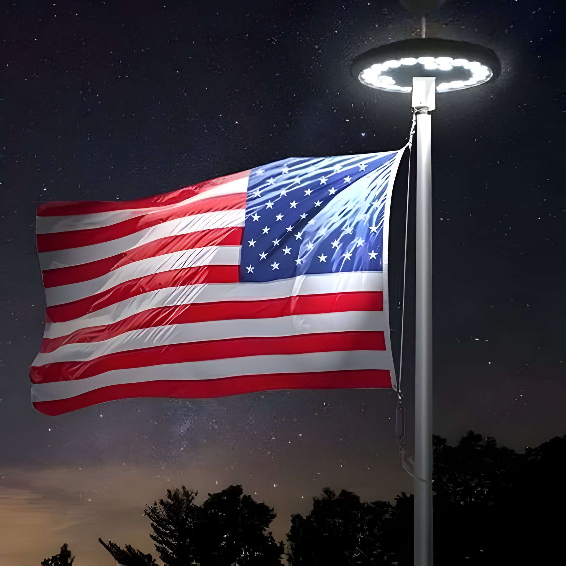 Bright solar LED flagpole light for all-night illumination, ideal for outdoor patriotic displays. Energy efficient & waterproof.