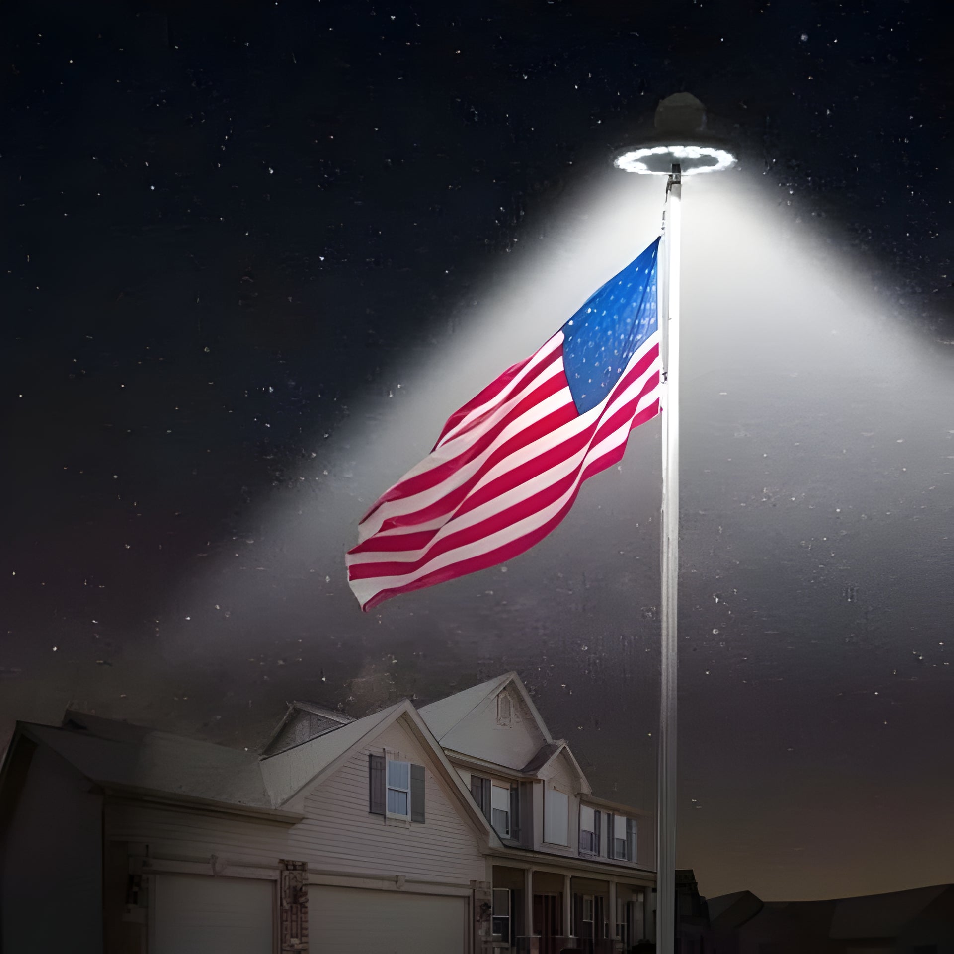 Dusk to dawn solar flagpole light with bright LEDs. Energy-efficient outdoor lighting for patriotic garden flags.