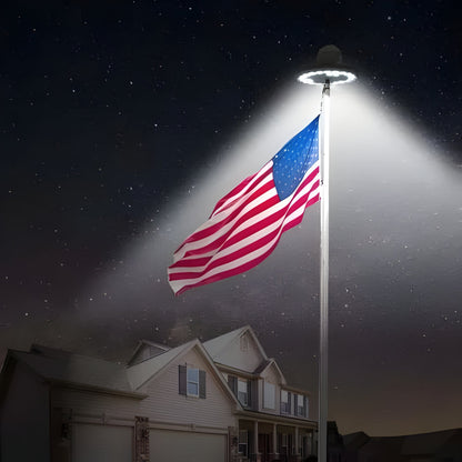 Dusk to dawn solar flagpole light with bright LEDs. Energy-efficient outdoor lighting for patriotic garden flags.