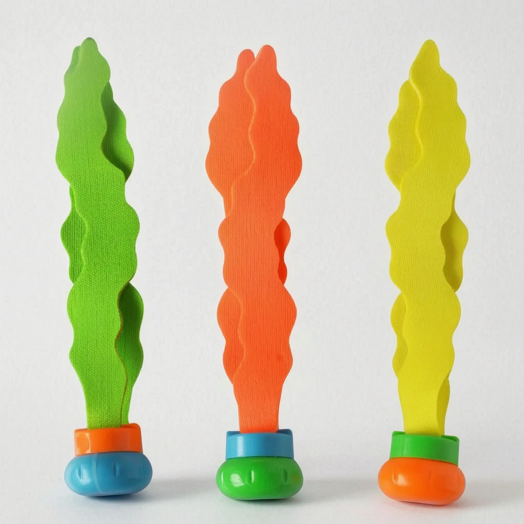 Brightly colored pool diving toy set encourages kids' underwater exploration & swimming skills.