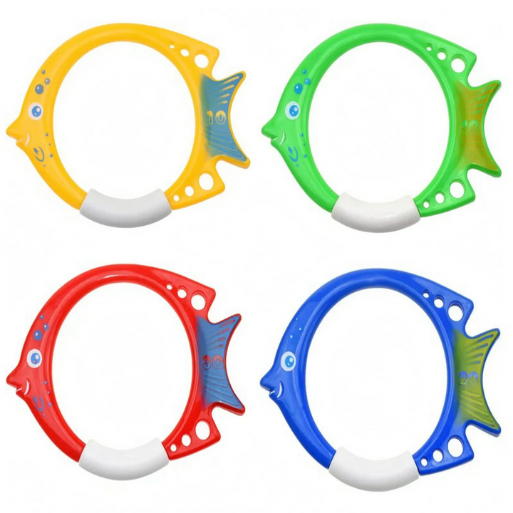 Brightly colored pool diving toy set helps kids improve swimming & underwater retrieval skills.