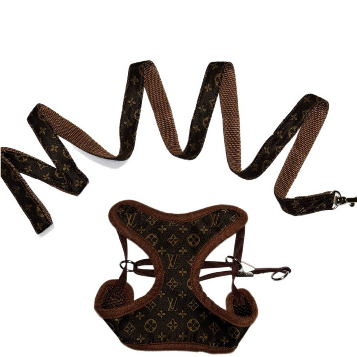 Breathable brown dog harness with easy-to-adjust straps & no-pull technology. Includes durable matching leash.