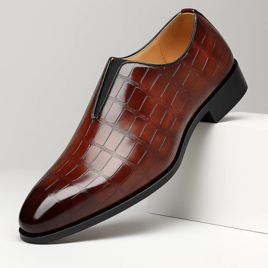 Brown croc-embossed men's dress loafers, sophisticated and comfortable.