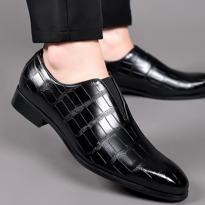Premium brown men's dress loafers, croc-embossed for a refined, comfortable feel.