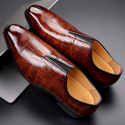 Navy blue casual men's loafers, comfortable with elegant croc-embossed texture.