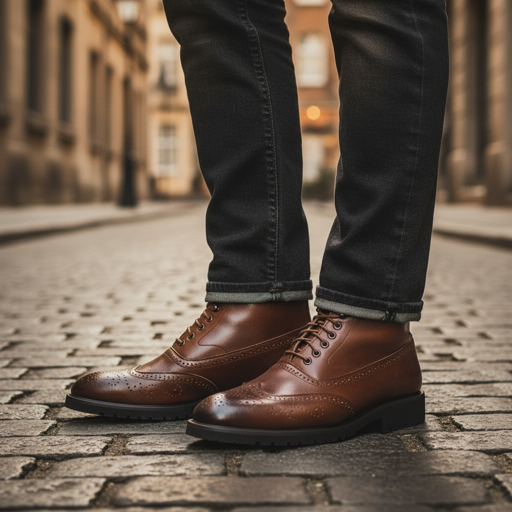 Elegant black brogue boots: men's full-grain leather footwear, perfect for dressy or smart casual looks.