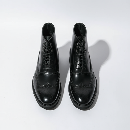 Sophisticated brown brogue boots, men's full-grain leather, showcasing a timeless classic footwear design.