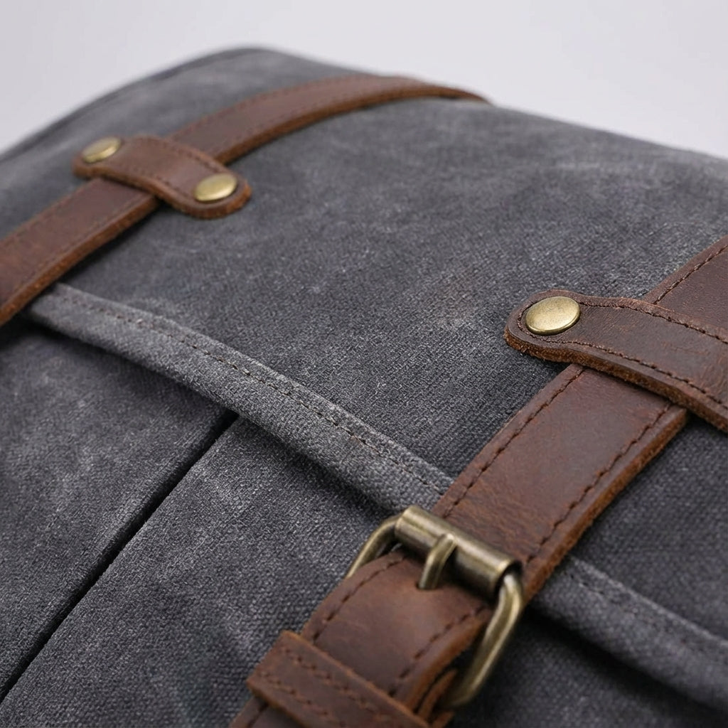 Gray genuine leather shoulder messenger bag for men. Crossbody style, organized compartments for daily essentials.