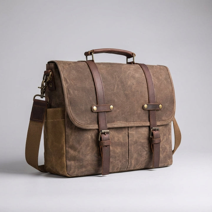 Khaki genuine leather men's messenger bag. Organized travel/work shoulder bag with crossbody option.