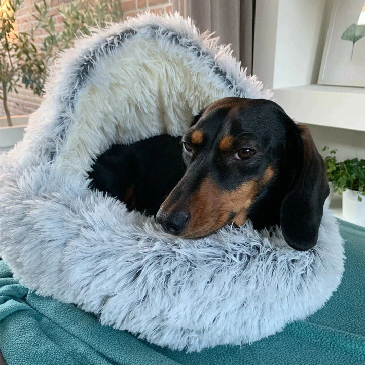 Plush calming pet bed for deep sleep & anxiety relief. Cozy cave design offers dog comfort & security.