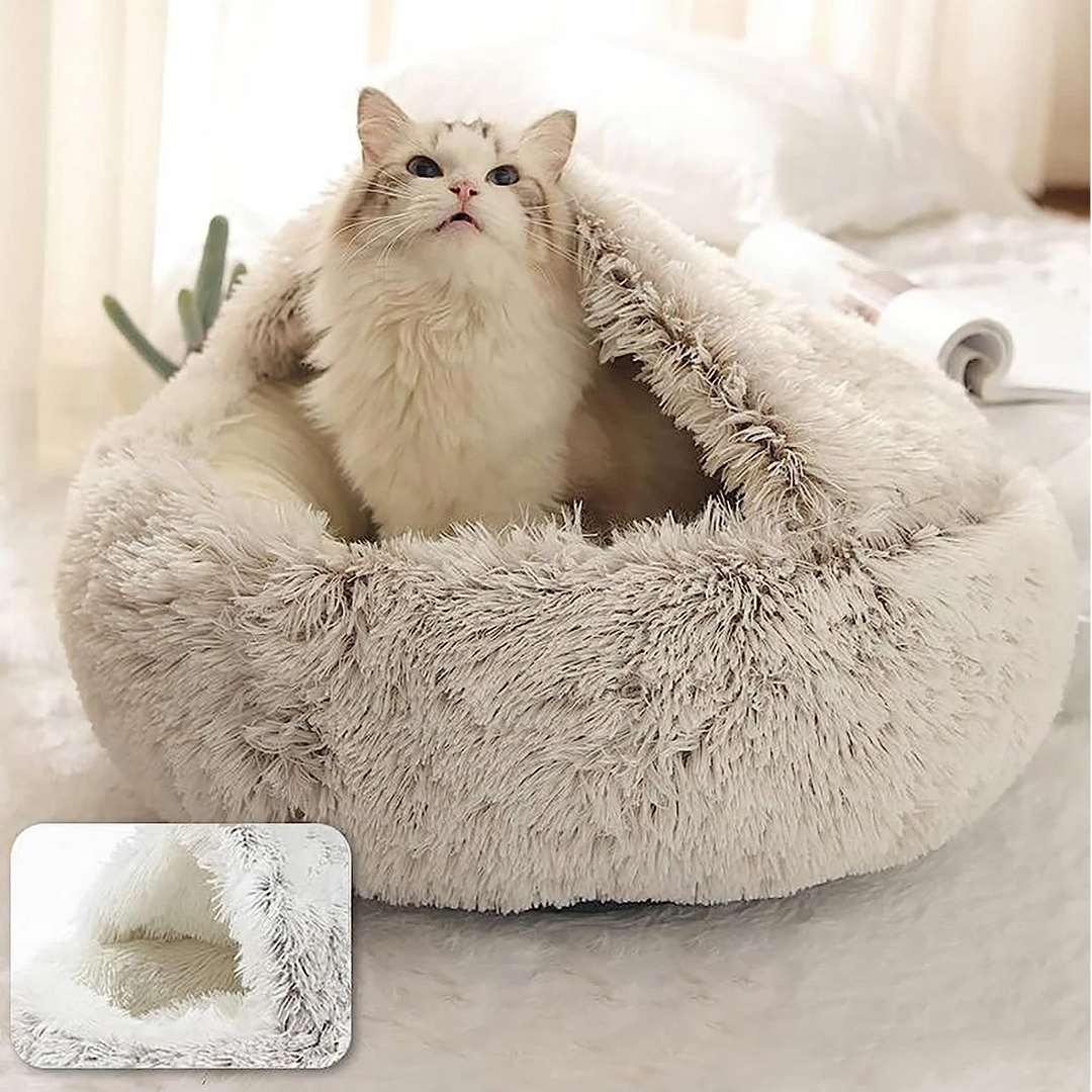Soft, round calming dog bed, provides a cozy cave for deep relaxation and anxiety-free rest.