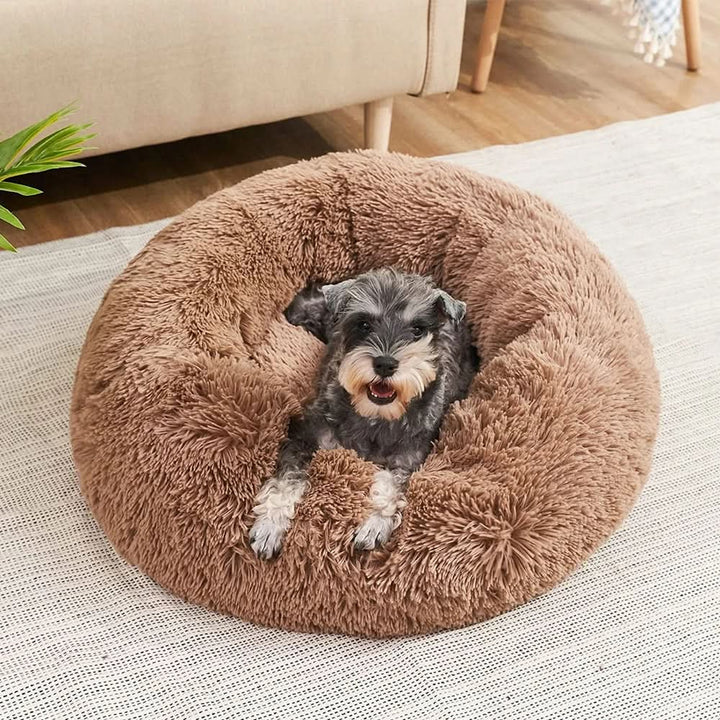 Corduroy calming dog bed. Ultra-soft pet lounger with supportive plush design for anxiety relief & coziness.
