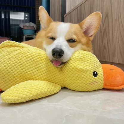 Plush duck dog toy for pet anxiety relief, a durable chew toy for stress reduction.