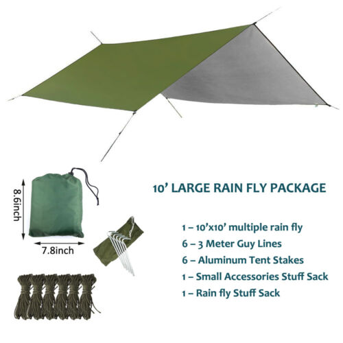 Camping hammock with mosquito net and rainfly, green, for all-weather outdoor shelter.