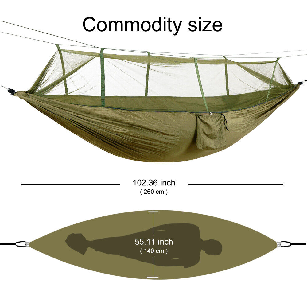 Backpacking camping hammock unfurled, showcasing its protective mosquito net and rainfly.