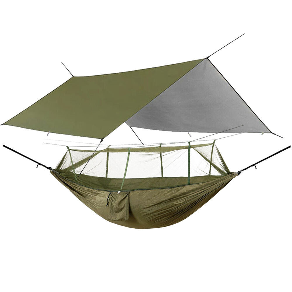 Versatile camping hammock system with attachable rainfly and removable mosquito net.
