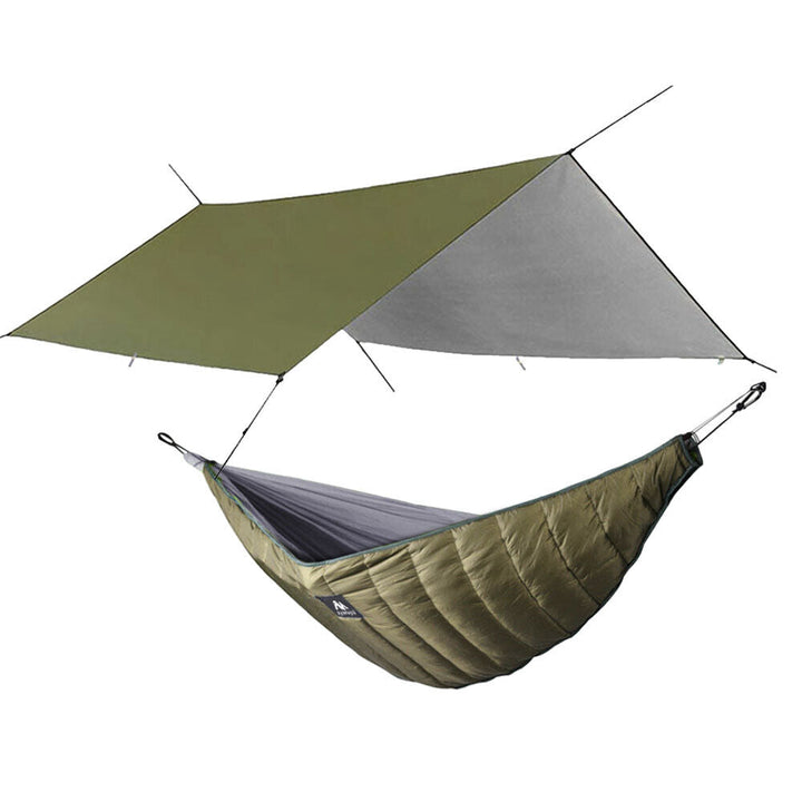 Adventure-ready camping hammock with robust net, rainfly, and underquilt for all seasons.