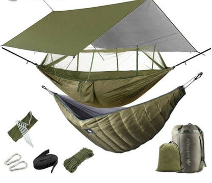 Lightweight camping hammock set with an integrated insect net and suspension system.