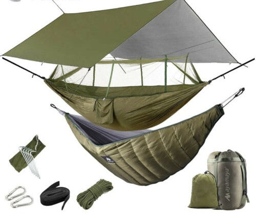 Lightweight camping hammock set with an integrated insect net and suspension system.