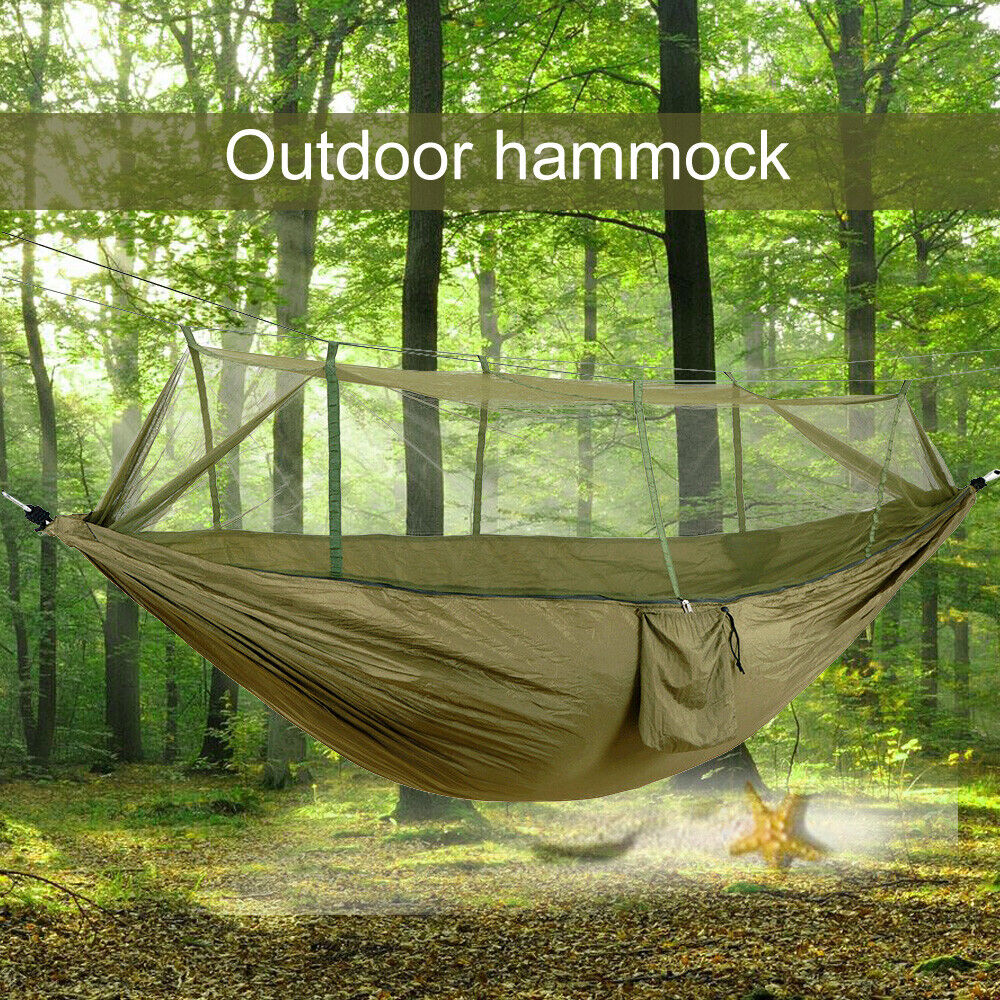 Compact camping hammock with robust net and waterproof rainfly, perfect for shelter.