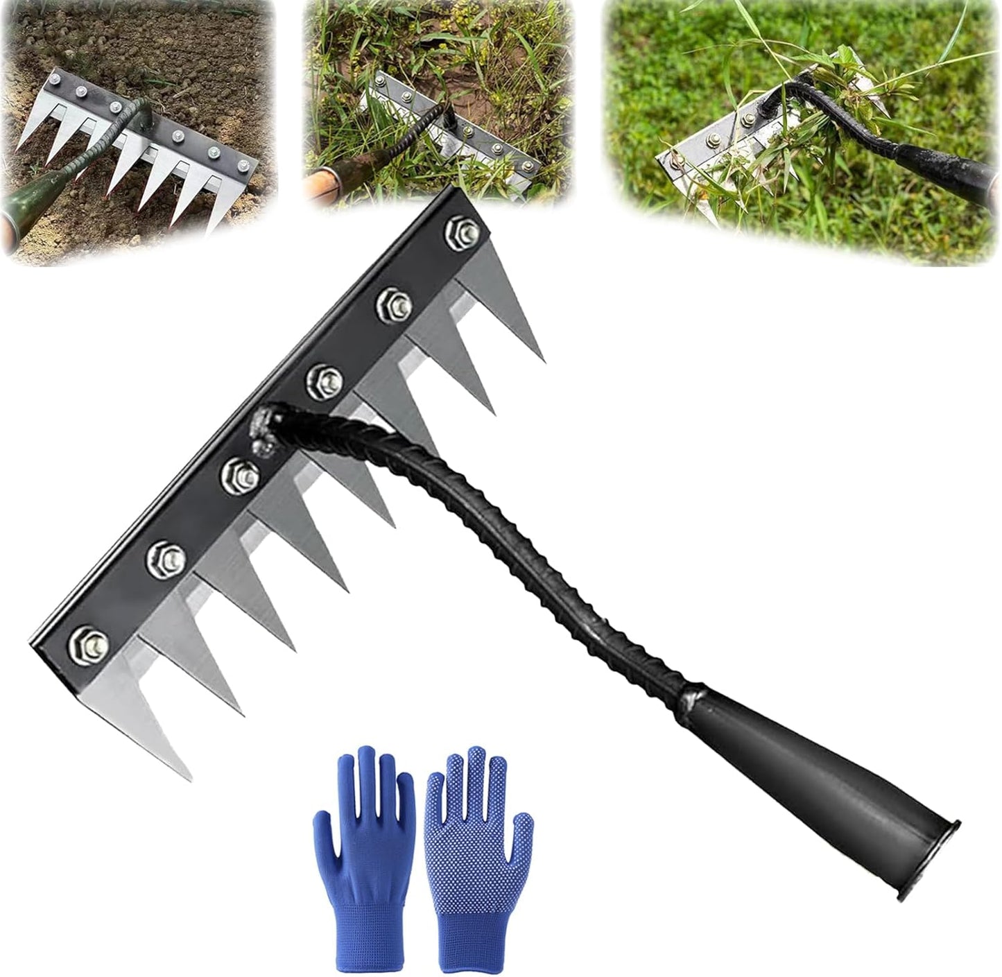 Carbon steel weeding rake, ergonomic handle for comfortable garden soil cultivation & precision weeding.