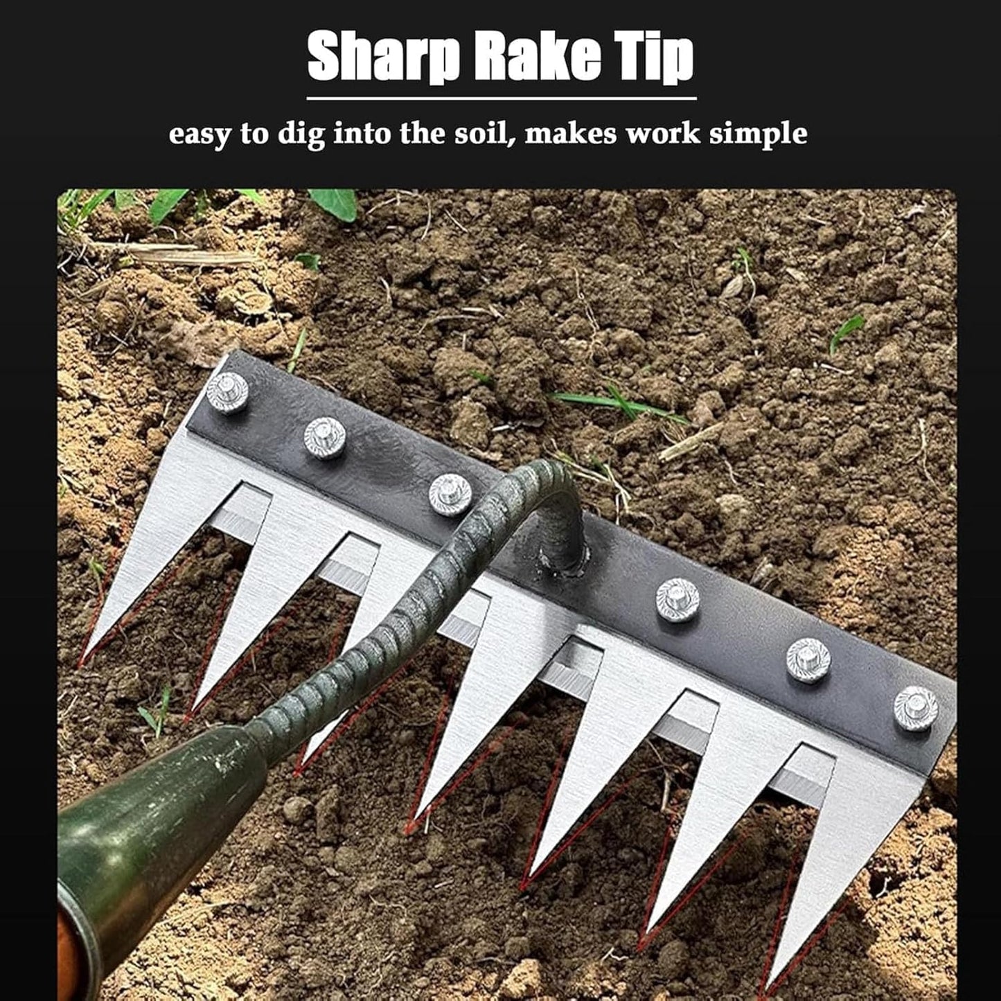 Comfortable grip carbon steel hand rake, perfect for extended gardening sessions & easy weed removal.
