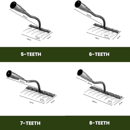 Sharp-tined carbon steel weeding rake for precise soil cultivation and deep root weed extraction.