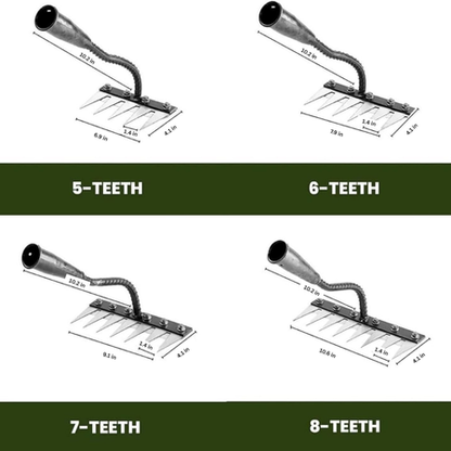 Sharp-tined carbon steel weeding rake for precise soil cultivation and deep root weed extraction.