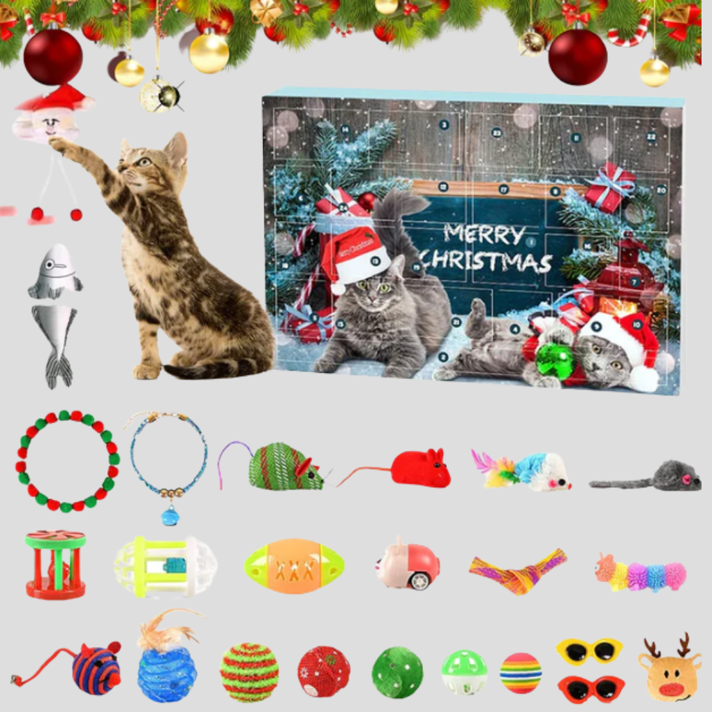 Cat Toy Advent Calendar with 24 interactive feline toys for Christmas. Perfect holiday gift for pet enrichment.