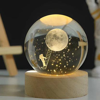 Celestial glowing sphere lamp, 3D engraved universe design, magical LED night light.